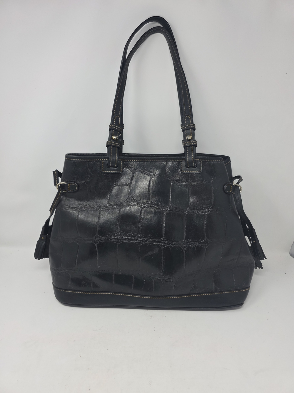 Dooney & Bourke Black Croc Embossed Leather Tote Tassel Shoulder Bag